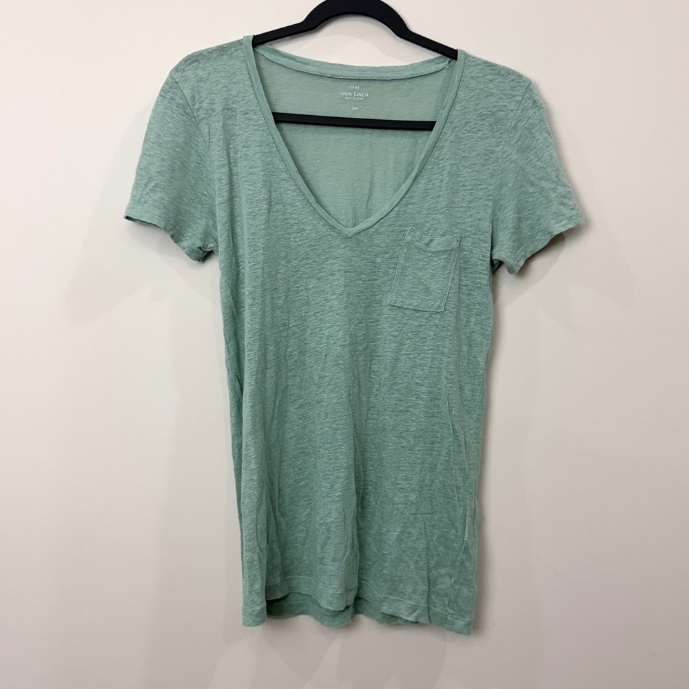 J.Crew Womens Small V-Neck T-Shirt 100% Linen Sage Green Lightweight Sustainable